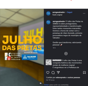 Secretaria Municipal de Gestão da Prefeitura de Salvador é acusada de fazer uso indevido do nome “Julho das Pretas”