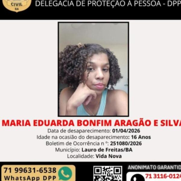 Adolescente de 16 anos desaparece em Lauro de Freitas (BA) após sair para a escola