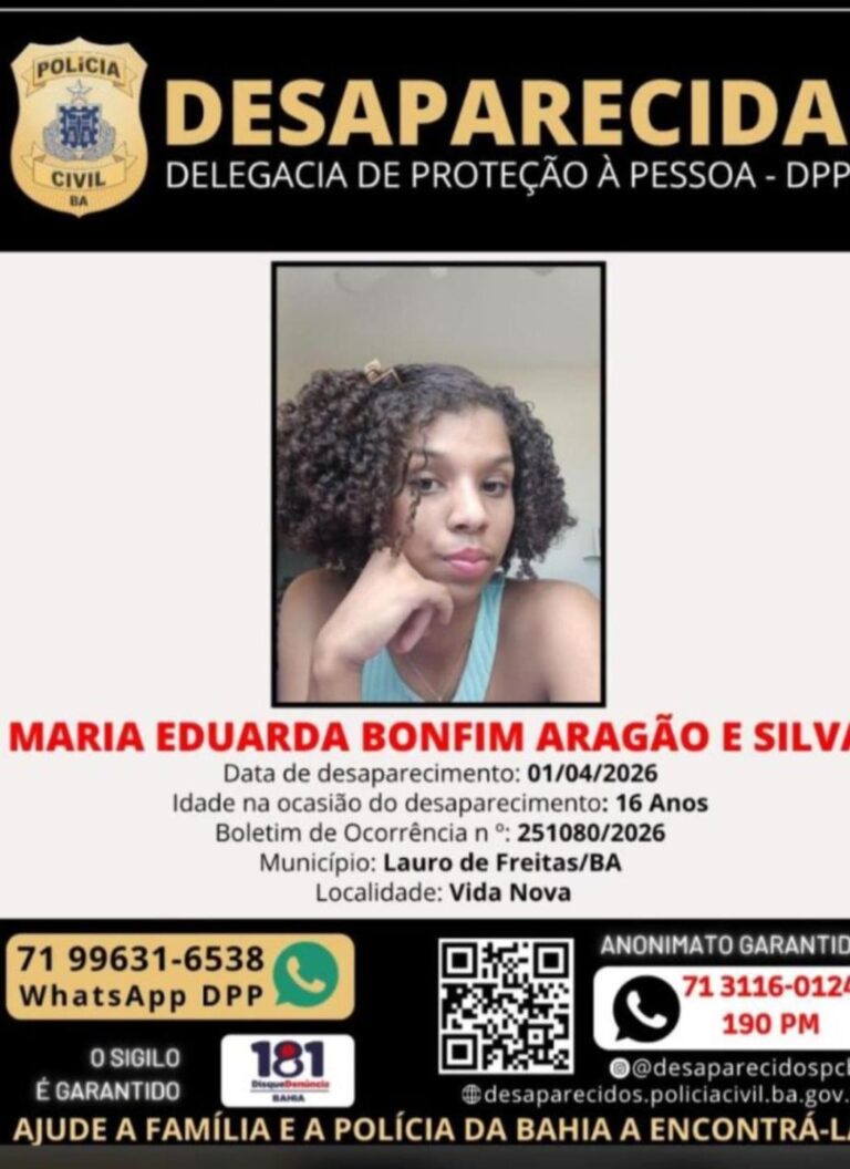 Adolescente de 16 anos desaparece em Lauro de Freitas (BA) após sair para a escola